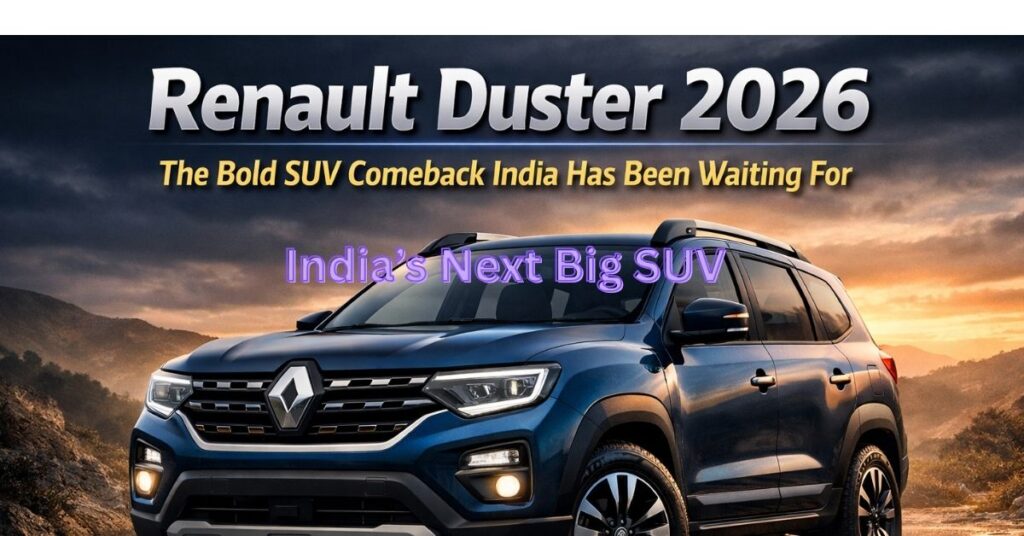 Renault Duster 2026 SUV front view with bold grille, LED headlights and rugged hybrid design in India